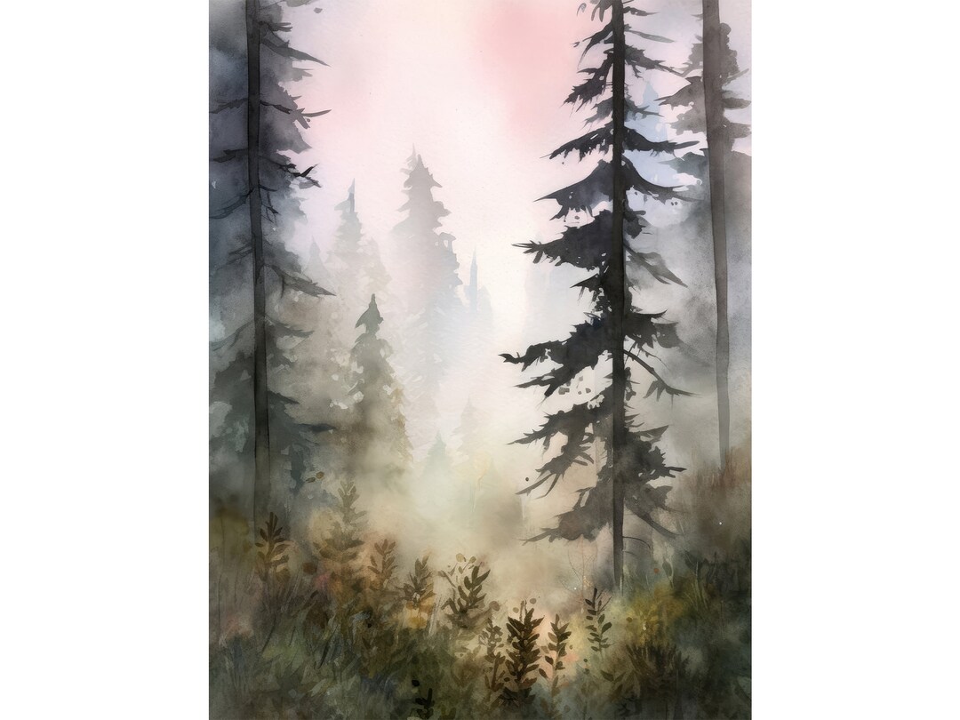 Pine Forest Painting Watercolor Foggy Landscape Sunrise Teal Forest Art ...