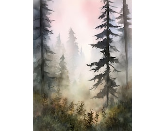 Pine Forest Painting Watercolor Foggy Landscape Sunrise Teal Forest Art Print Rustic Home Decor Green Beige Wall Art