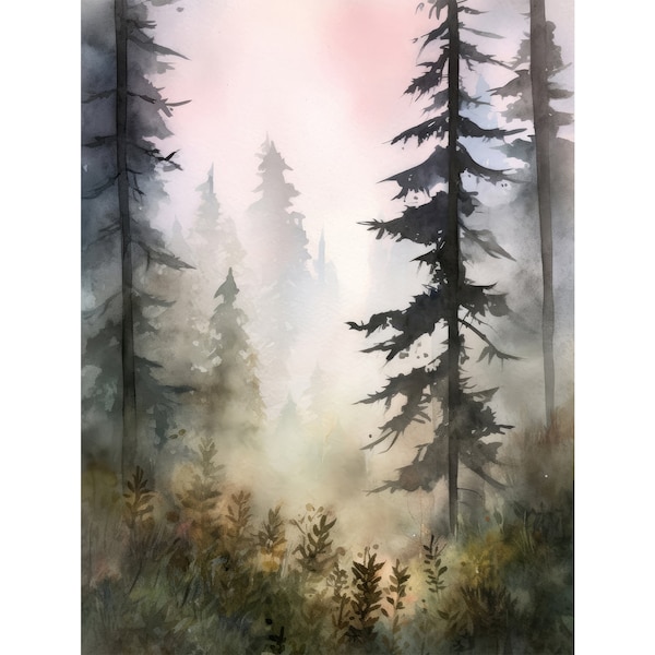 Pine Forest Painting Watercolor Foggy Landscape Sunrise Teal Forest Art Print Rustic Home Decor Green Beige Wall Art