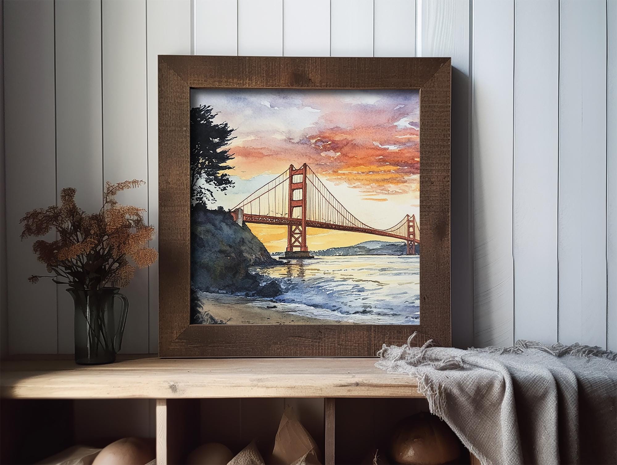 ゴールデンゲートブリッジの絵画、サンフランシスコ湾の水彩画アート