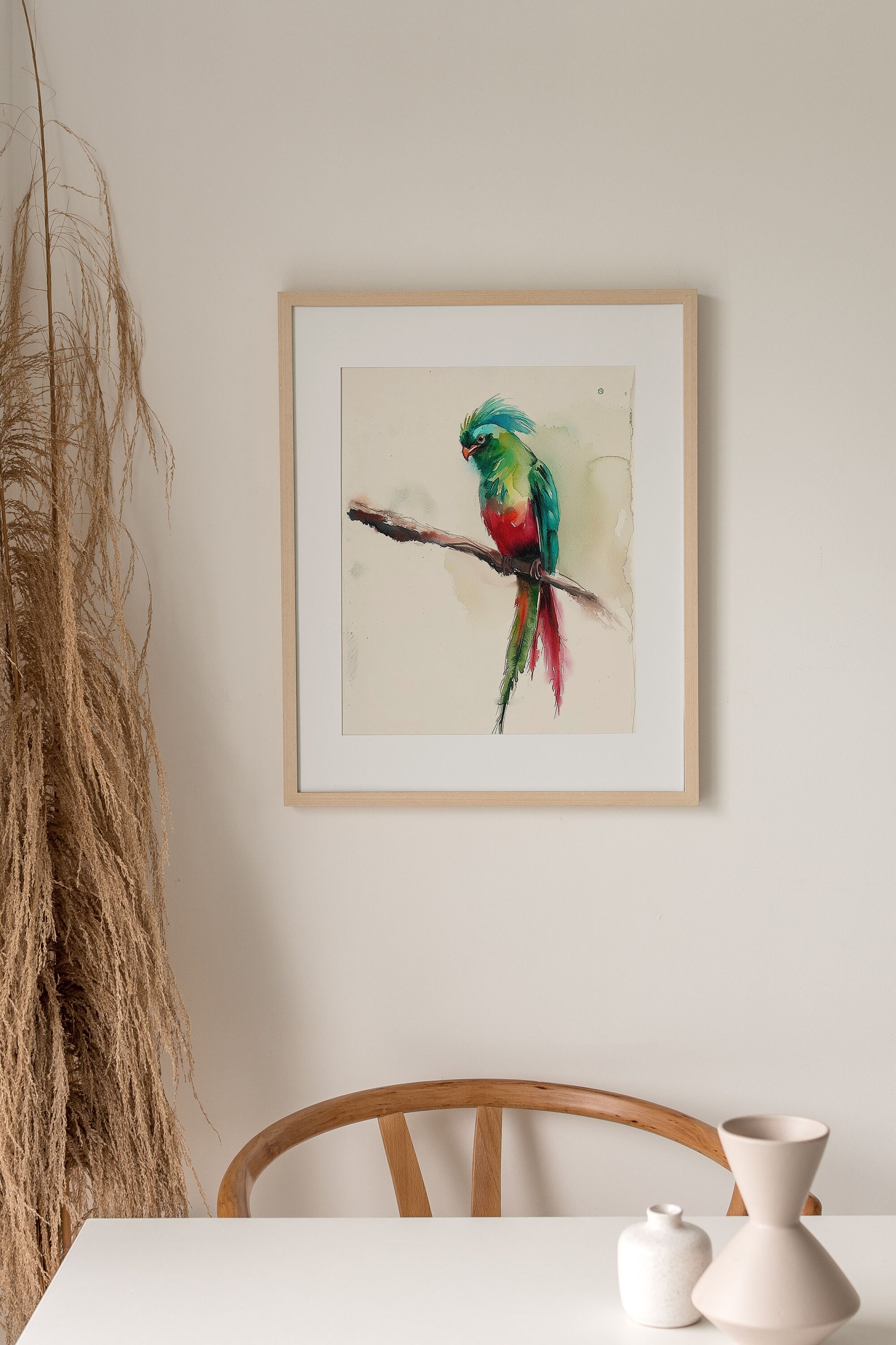 ケツァールの鳥の絵画 鳥の水彩画 アートプリント 赤 緑の鳥 壁アート
