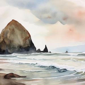 Cannon Beach Pintura Oregon Costa Acuarela Arte Impresión Haystack Rock Arte Obras de arte junto al mar