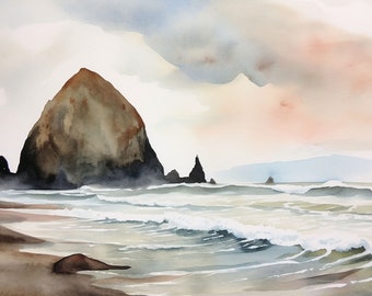 Cannon Beach Painting Oregon Coastal Watercolor Art Print Haystack Rock Art Seaside Artwork