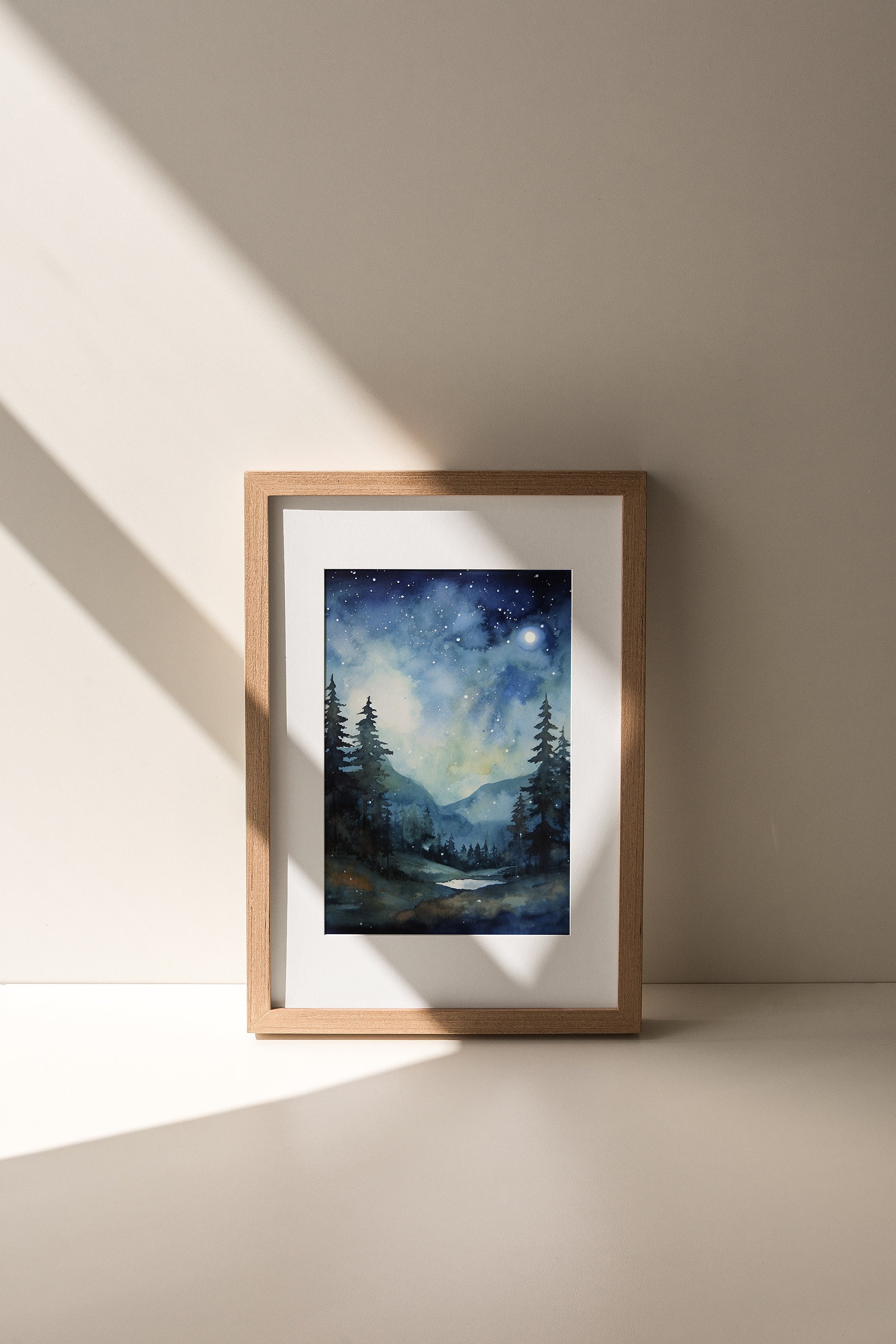 夜空の水彩画 アパラチア山脈の風景 アートプリント 月 松林 ウォール