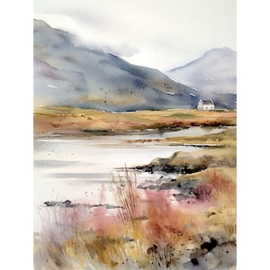 Scotland Landscape Art Print Glencoe Watercolor Painting Heather Field Wall Art Mountain Lake Artwork