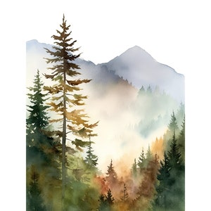 Mount Mansfield Art Print Pine Trees Painting Mountain Sunrise Landscape Neutral Forest Wall Art