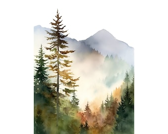 Lámina artística del Monte Mansfield, pintura de pinos, paisaje de amanecer en la montaña, arte mural de bosque neutro