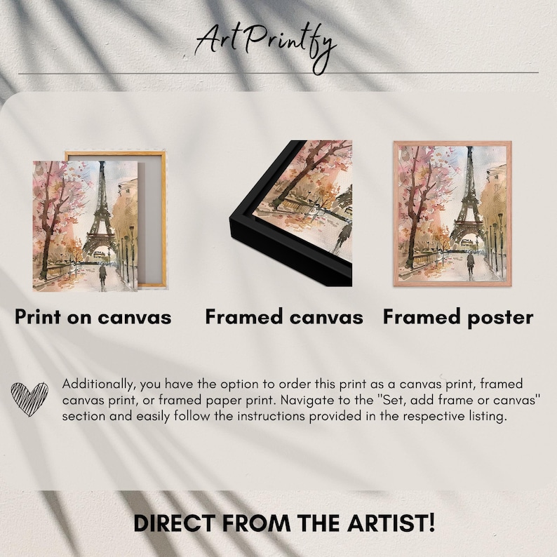 Puede incluir: Una pintura de acuarela de la Torre Eiffel en Par&iacute;s, Francia. La torre est&aacute; rodeada de flores de cerezo rosas y personas caminando. La pintura est&aacute; disponible como impresi&oacute;n en lienzo, lienzo enmarcado o p&oacute;ster enmarcado.