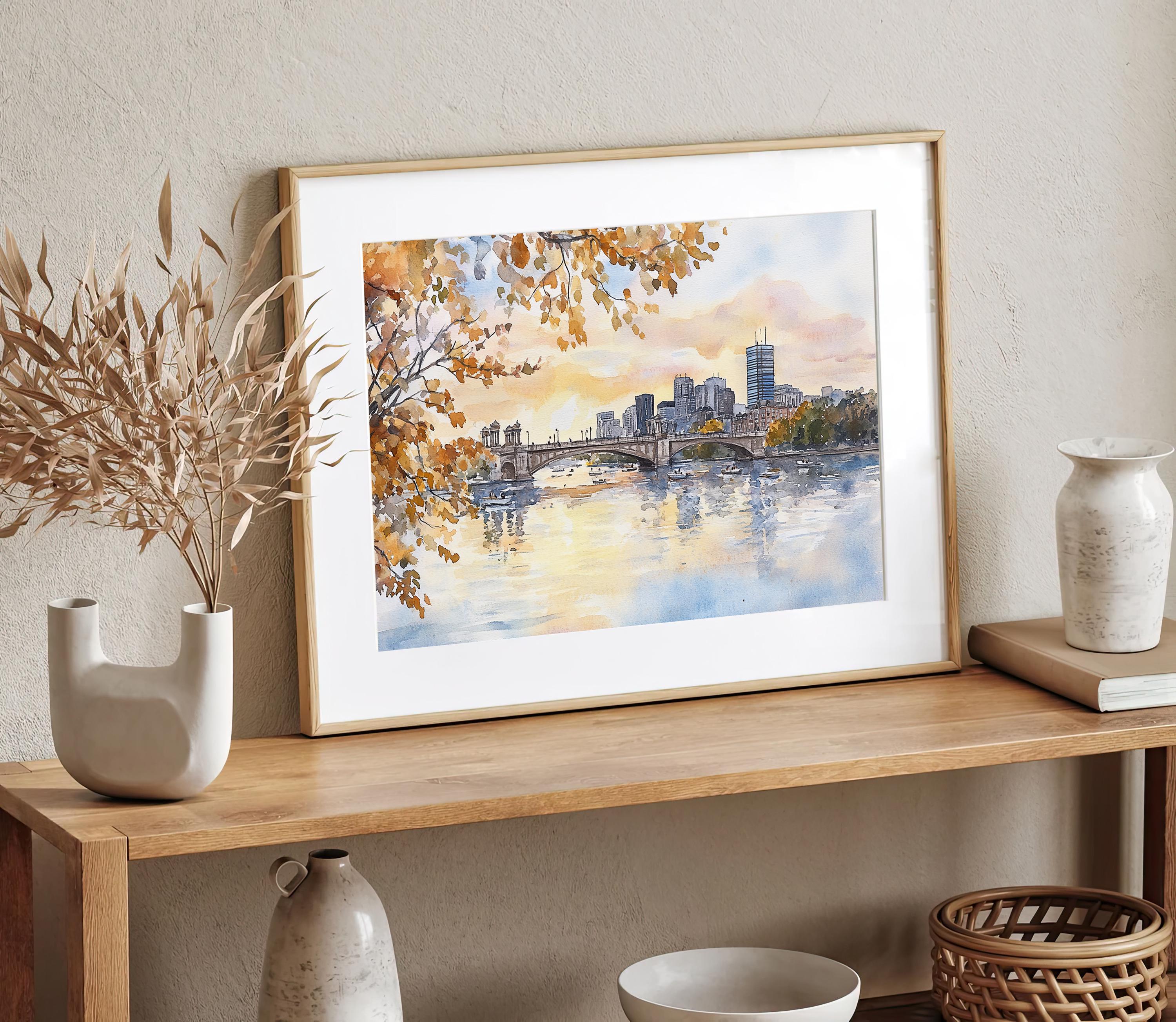 チャールズ川の絵画 ボストンの街並み 水彩画 アートプリント ボストン