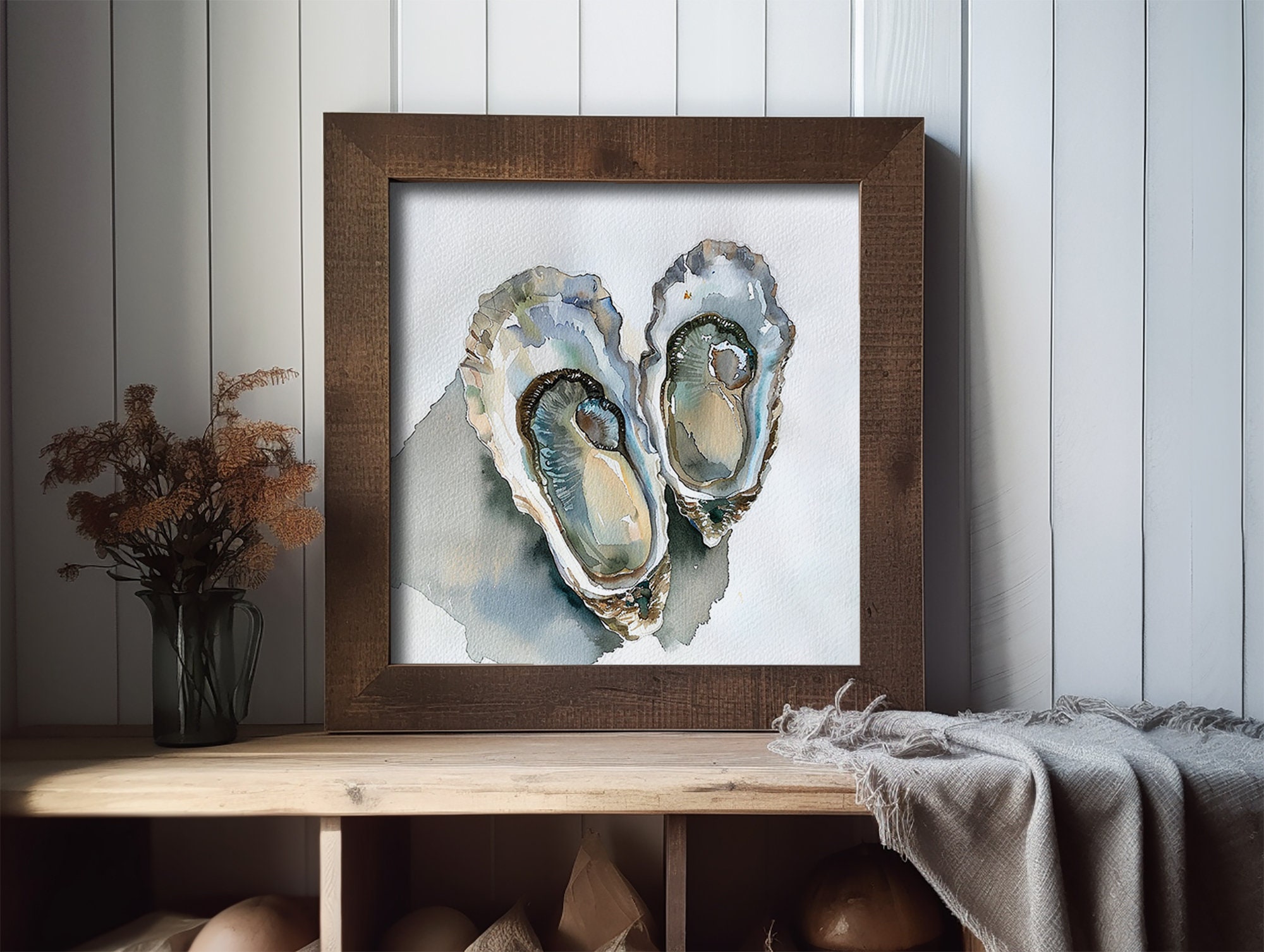 牡蠣の絵 2つの牡蠣の殻 水彩画 アートプリント 沿岸装飾 アースカラー