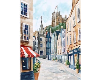 Bow Street Painting Edinburgh Watercolor Art Print Scotland Street Scene Cityscape Wall Art Travel Poster