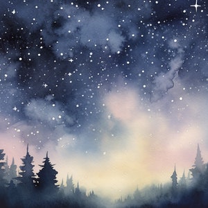 Milky Way Painting Starry Night Watercolor Pine Forest Wall Art Night Landscape Artwork Northern Lights Art Print