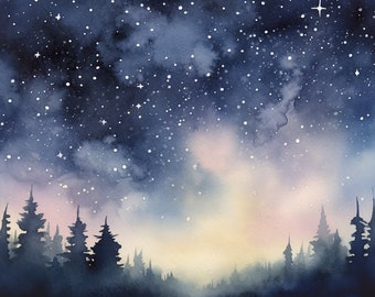 Milky Way Painting Starry Night Watercolor Pine Forest Wall Art Night Landscape Artwork Northern Lights Art Print