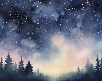 天の川の絵画 星空の夜 水彩画 松林 壁アート 夜景アートワーク