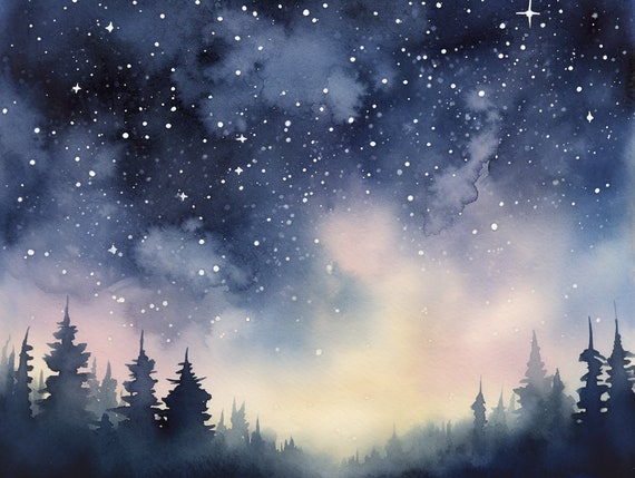 天の川の絵画 星空の夜 水彩画 松林 壁アート 夜景アートワーク