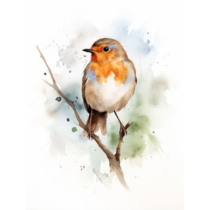 Impresión artística de pájaro con pintura de petirrojo a partir de acuarela original, arte de pared minimalista, impresiones finas Giclée, decoración de pared rústica