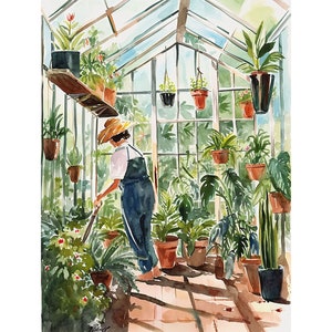 Greenhouse Garden Art Print Gardening Watercolor Painting Woman Gardener Art House Plant Print Spring Wall Decor
