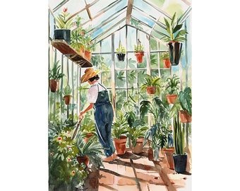 Greenhouse Garden Art Print Gardening Watercolor Painting Woman Gardener Art House Plant Print Spring Wall Decor