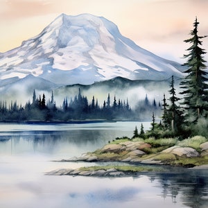 Mount Rainier Watercolor Reflection Lake Art Print Mountain Lake Painting Large Minimalist Print Panaramic Wall Art