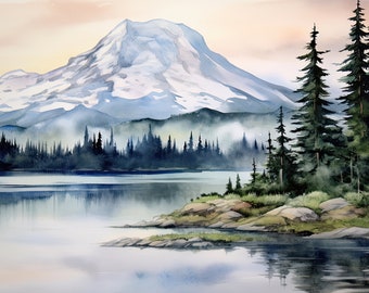 Mount Rainier Watercolor Reflection Lake Art Print Mountain Lake Painting Large Minimalist Print Panaramic Wall Art