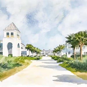 May include: A watercolor painting of a white building with a tall tower and a path leading to it. The building is surrounded by palm trees and lush greenery.