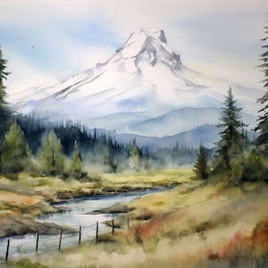 Mt Hood Painting National Park Watercolor Art Print Oregon Landscape Wall Art Pine Forest Art Mount Hood Poster
