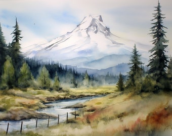 Mt Hood Painting Art Print Wall Art on Paper Oregon Mountain Watercolor Living Room Housewarming Gift