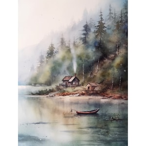Foggy Cabin Lake Painting Watercolor Art Print Mountain Forest Wall Decor Misty Landscape Wall Art