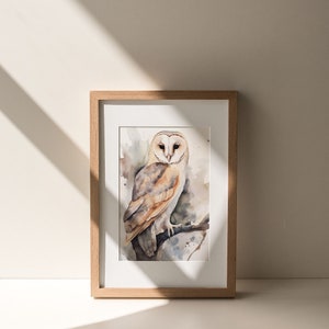May include: A framed watercolor painting of a barn owl perched on a branch. The owl has white feathers with brown markings and yellow eyes. The background is a soft watercolor wash of brown and blue.