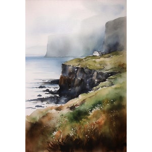 Scotland Painting Coastal Cottage Watercolor Art Print Isle of Skye Scottish Highlands Landscape Wall Art Travel Poster