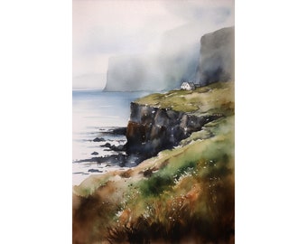 Stampa artistica ad acquerello di un cottage costiero in Scozia, dipinto dell'isola di Skye, poster da viaggio con paesaggio delle Highlands scozzesi.