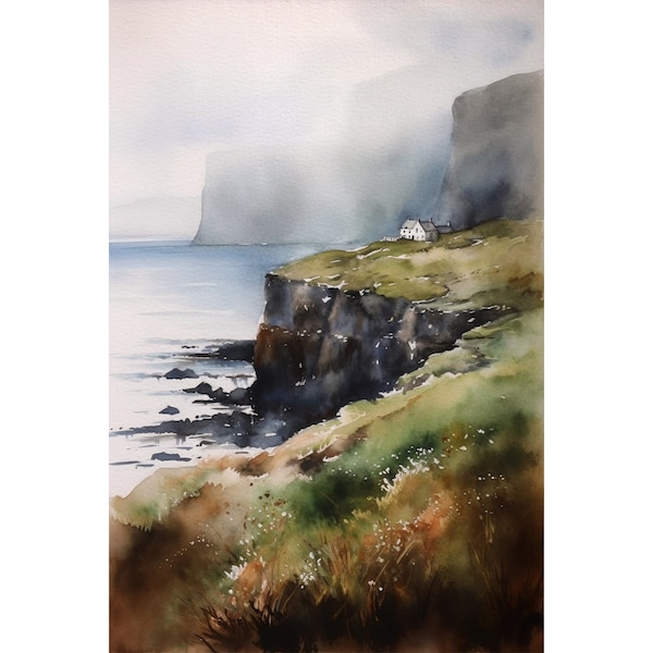 Scotland Painting Coastal Cottage Watercolor Art Print Isle of Skye Scottish Highlands Landscape Wall Art Travel Poster