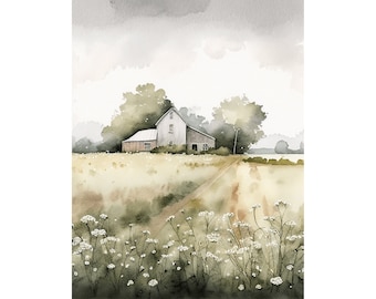 Farm Painting Wildflowers Watercolor Art Print Rustic Landscape Neutral Color Wall Art Flowers Field Farmhouse Poster