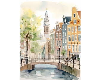 Amsterdam pintura primavera paisaje urbano acuarela arte impresión Holanda ilustración primavera pared decoración