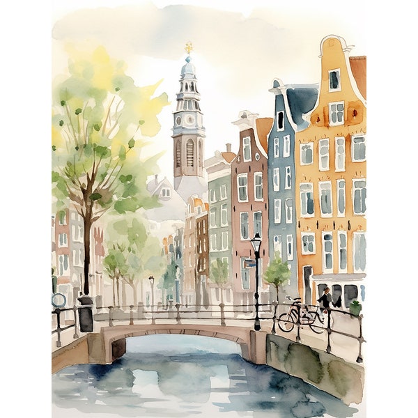 Pintura de Ámsterdam Paisaje urbano primaveral Impresión artística de acuarela Ilustración de los Países Bajos Decoración de pared de primavera