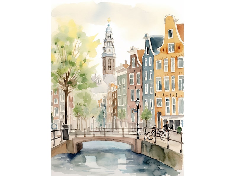 May include: Watercolor painting of a canal scene in Amsterdam, Netherlands. The painting features a bridge over a canal with colorful buildings lining the canal. A tall church tower is visible in the background.