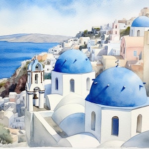 サントリーニ島の水彩画アートプリント ギリシャの海岸の風景画 夏のギリシャの海岸の壁アート 都市景観のポスター