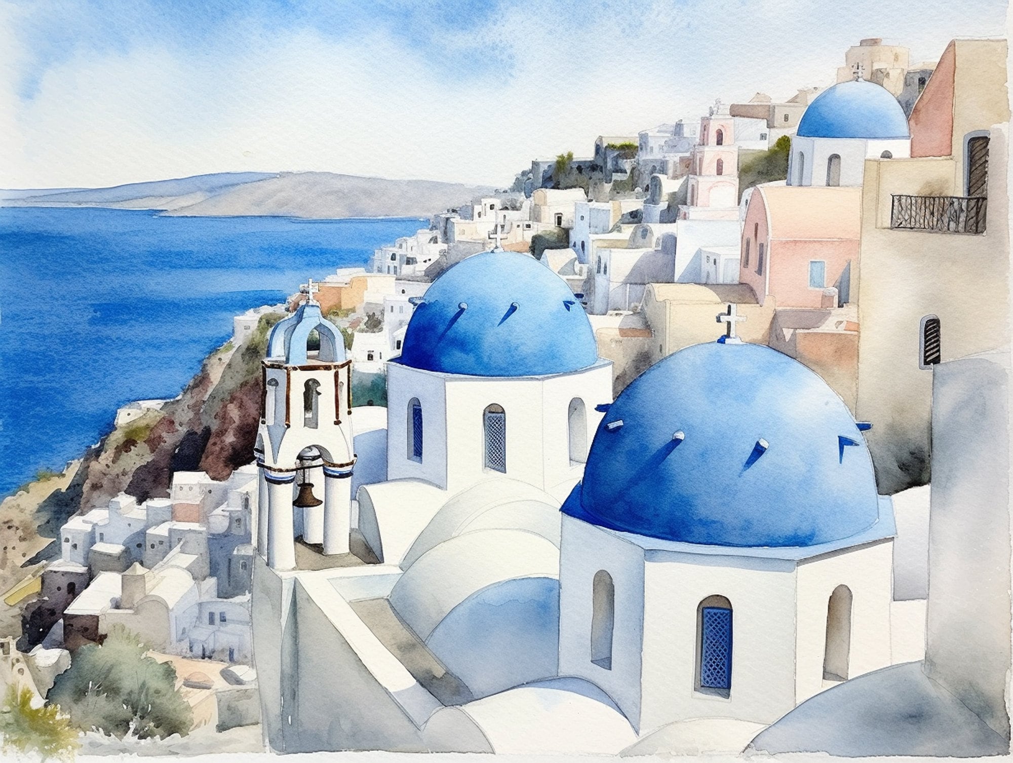 サントリーニ島の水彩画アートプリント ギリシャの海岸風景画 夏の