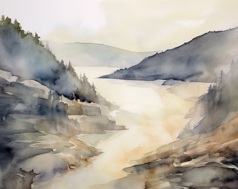 Columbia Gorge, peinture à l'aquarelle de Hood River, paysage de l'Oregon, oeuvre d'art abstrait de la rivière Mountain, oeuvre d'art