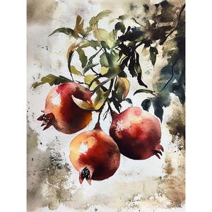 Pomegranate Painting Fruit Watercolor Print Pomegranates On Branch Wall Art Farmhouse Kitchen Wall Decor