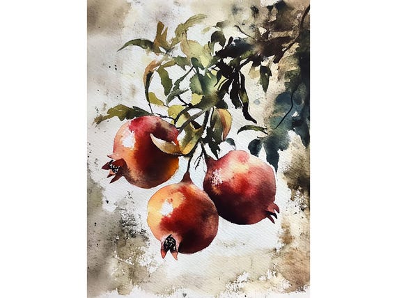 ザクロの絵画 フルーツ 水彩画 枝に実ったザクロ 壁アート 農家の