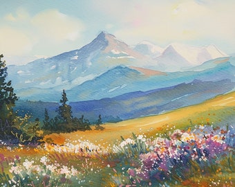 Spring Flowers Painting Rocky Mountains Watercolor Art Print Colorado Landscape Wall Art Pine Print