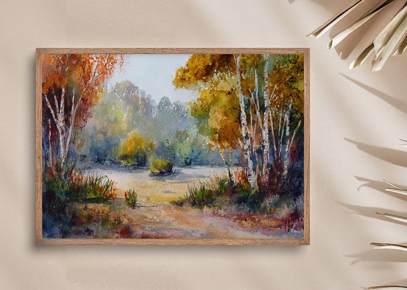Autumn Birch Trees Watercolor Print on Paper Misty Fall Forest Wall Art ...