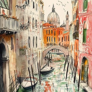May include: Watercolor painting of a narrow canal in Venice, Italy. The canal is lined with tall buildings, some with balconies. A bridge spans the canal in the middle distance. A dome-shaped building is visible in the background.