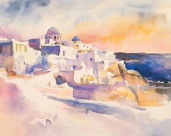 Santorini Griechenland Malerei Sonnenuntergang Aquarell Kunstdruck Küstendorf Ägäis Landschaft Wandkunst Ruhiger Luxus Wohnzimmer Dekor