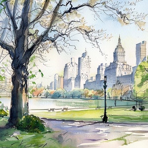 セントラルパークの絵画 NYC 水彩画アートプリント ニューヨークのスカイラインプリント 春の街並み ウォールアート 旅行ポスター 新築祝いのギフト