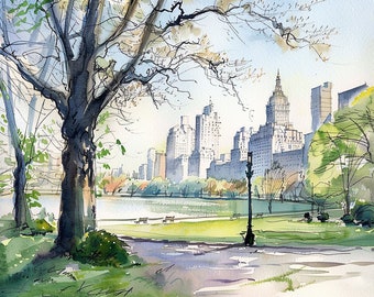 Central Park pintura NYC acuarela arte impresión Nueva York Skyline impresión primavera paisaje urbano pared arte cartel de viaje regalos de inauguración de la casa