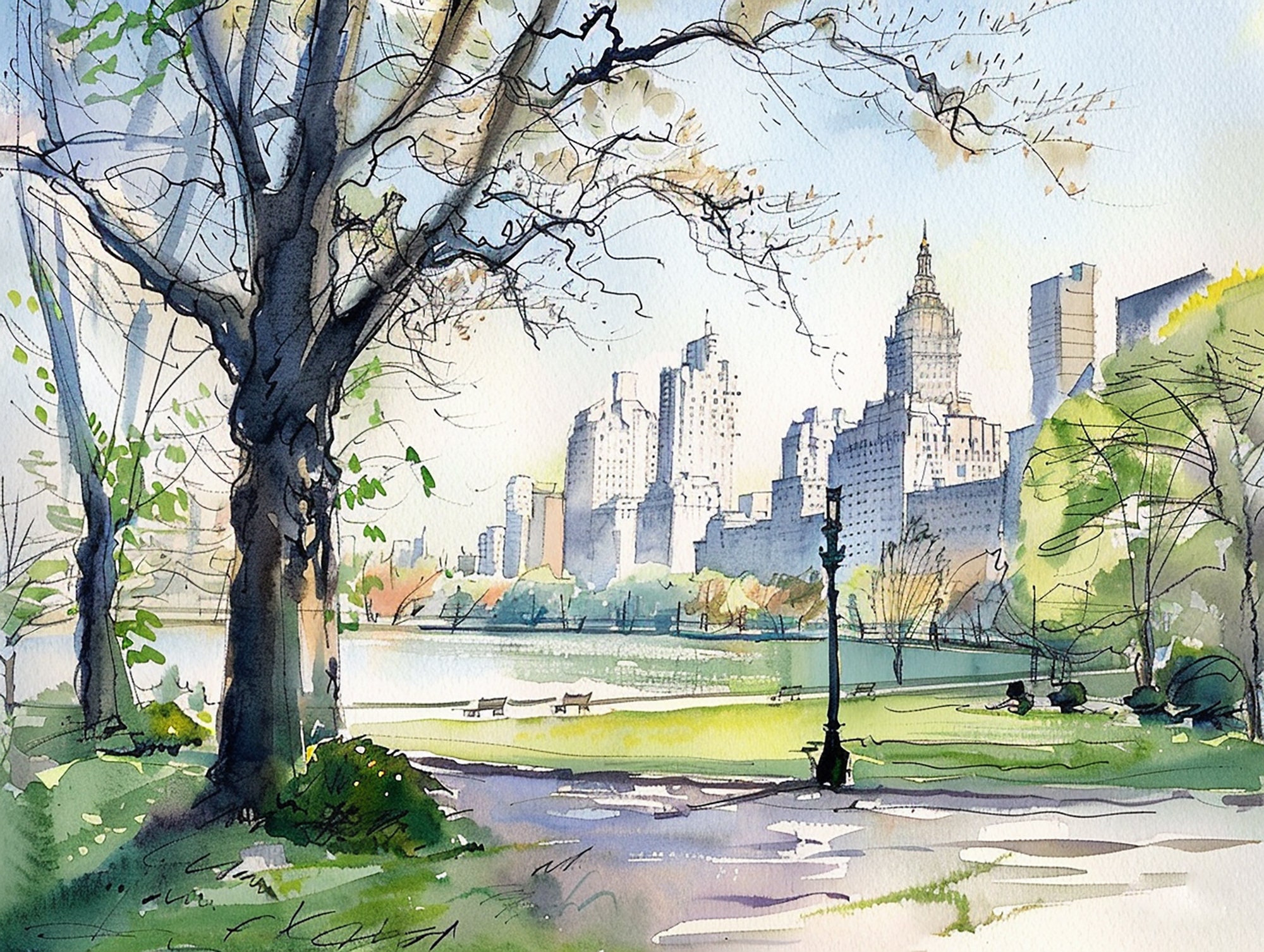 セントラルパークの絵画 NYC 水彩画アートプリント ニューヨークの