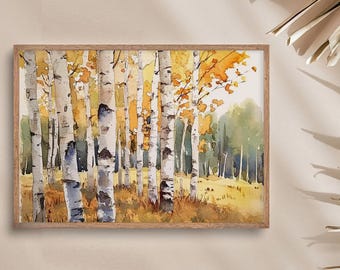 白樺の木の絵 アスペンの木の水彩画 コロラドの森の壁画 秋の風景画