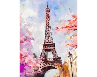 Eiffel Tower Painting Paris Watercolor Art Print Spring Trees Illustration France Cityscape Wall Art Parisian Scene Print Travel Poster